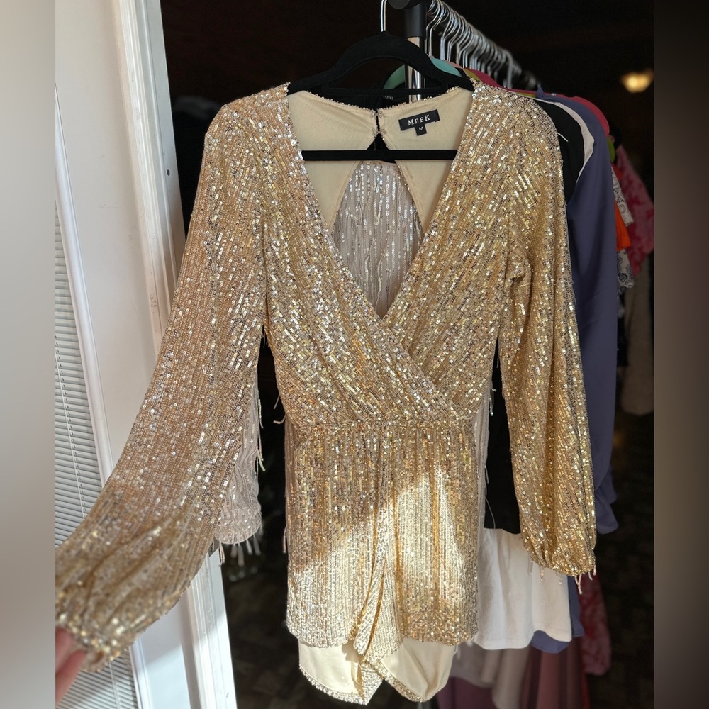 Meek Gold sequin romper, worn once, long sleeve, deep v, size medium
